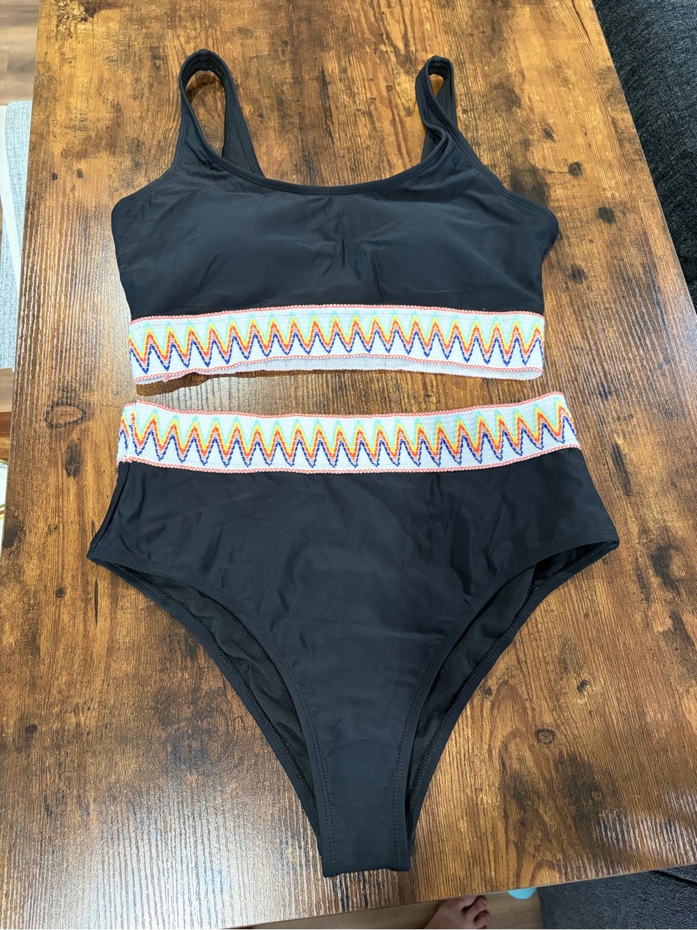 Black Two-Piece High-Waist Swim Set with Multicolor Zigzag Trim